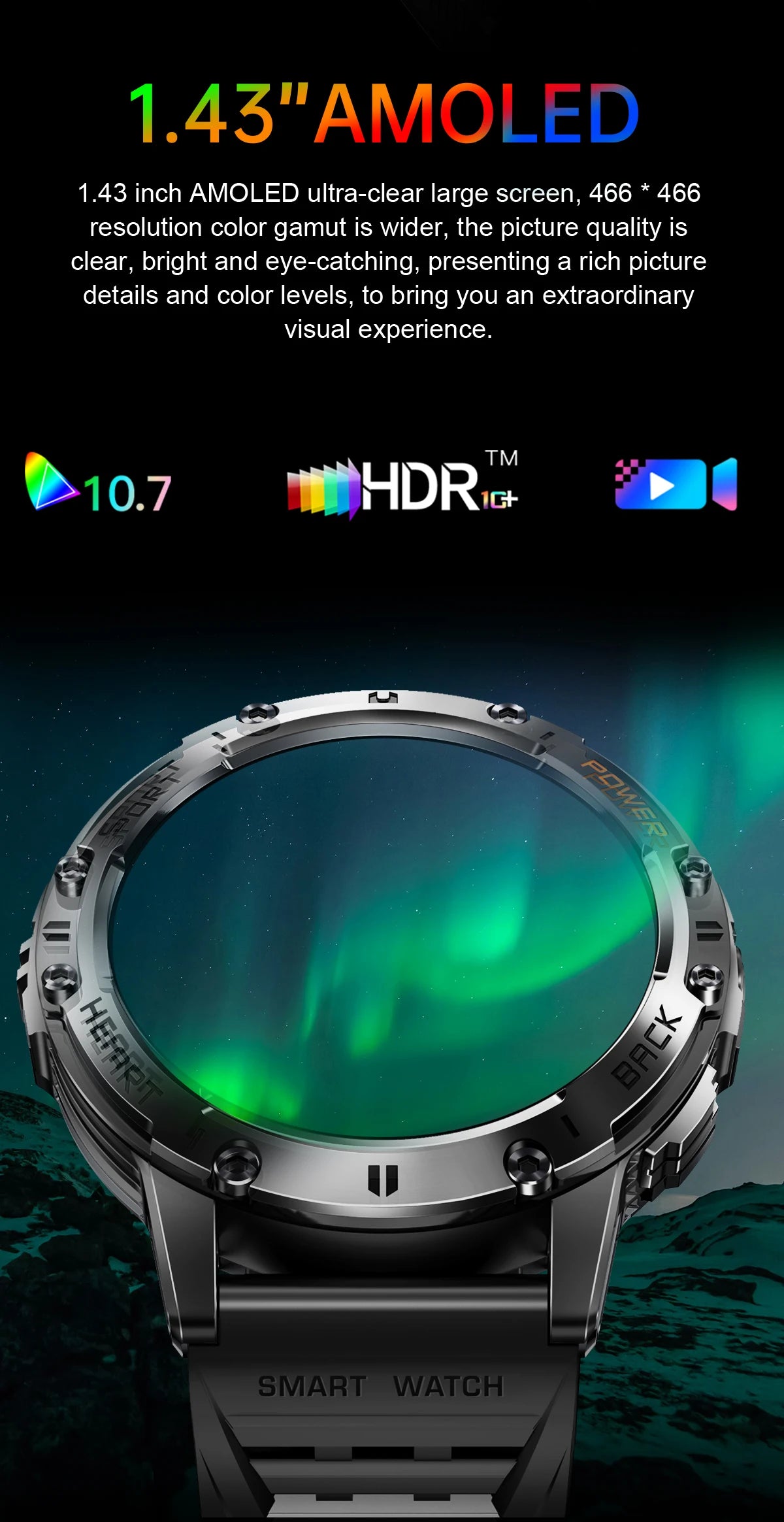 Đồng hồ thông minh AMOLED Nam - Thể thao & Đèn pin
