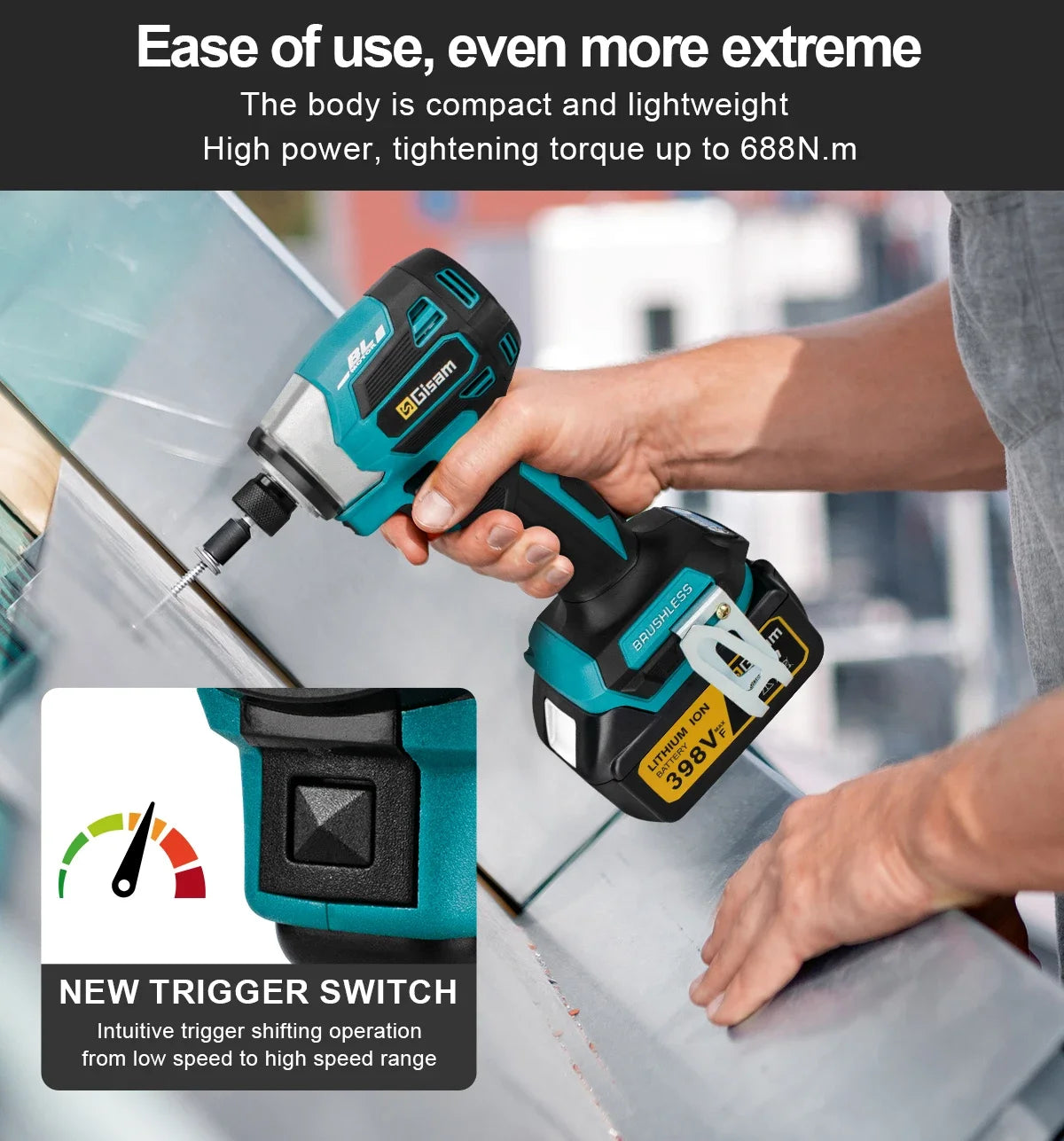 688N.m 1/4'' Brushless Electric Screwdriver Cordless Screwdriver Electric Drill Impact Driver Kit for Makita 18V Battery Battery
