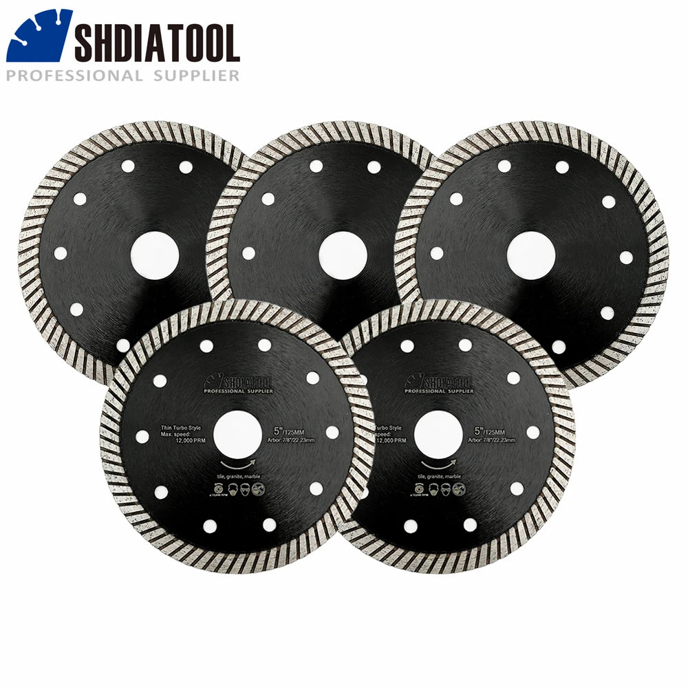 SHDIATOOL 5Pcs Dia125mm Superthin Diamond Turbo Saw Blade Ceramic Tile Marble Granite Cutting Disc 5inch Circular Disc Cutter