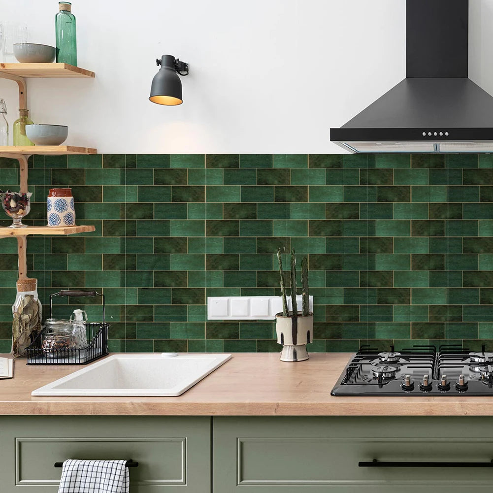 10Pcs Set Retro Dark Green Brick Wall Stickers Mosaic Tile Sticker Bathroom Kitchen Home Wall Background Embellishment