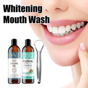 Nước súc miệng làm trắng, chai dầu kéo và dụng cụ nạo lưỡi, nụ cười rạng rỡ.