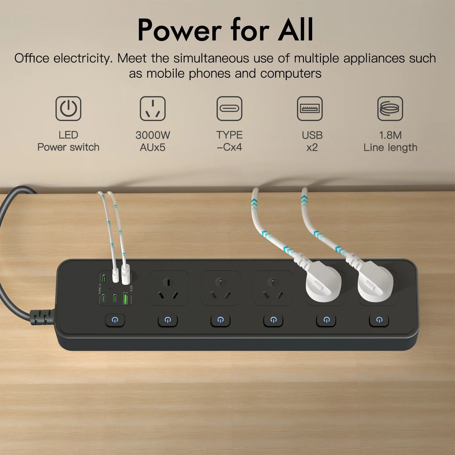Ổ Điện Đa Năng AU 5 Cổng USB-C 3000W Có Công Tắc