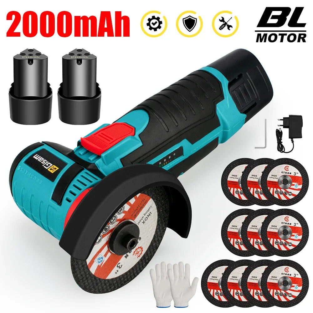 Máy mài cầm tay màu xanh đen, 10 đĩa mài, hai pin, cục sạc, găng tay trắng, nền trắng.