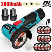 Máy mài cầm tay màu xanh đen, 10 đĩa mài, hai pin, cục sạc, găng tay trắng, nền trắng.