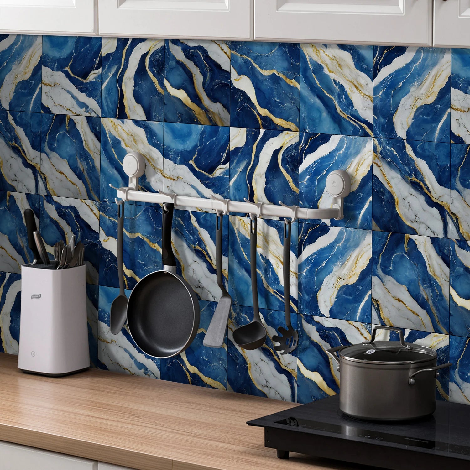 8PCS/Set Minimalist Black Marble Wall Stickers, Kitchen Bathroom Waterproof Self-Adhesive Ceramic Tile Stickers, Room Wallpaper