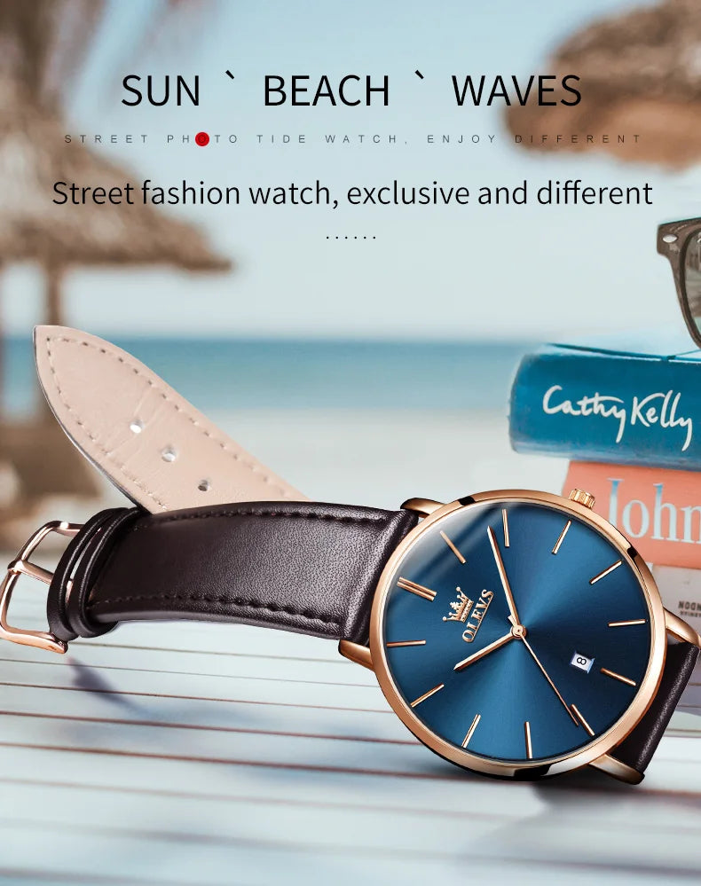 Đồng hồ nam OLEVS siêu mỏng 6.5mm dây da thời trang