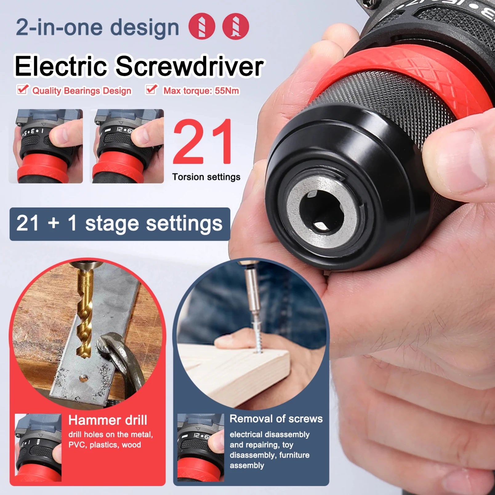 21V 2in1 Electric Drill Rechargeable Screwdriver 55Nm Torque Brushless Screwdriver Practical Screw Driver Repairing Power Tool