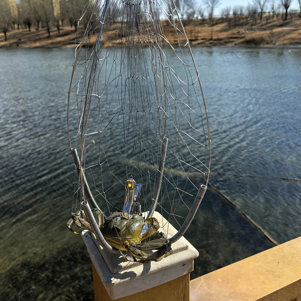 1 pc spring contracting crab cage, stainless steel wire anti bite fishing net, bait cage for catching lobsters and crabs