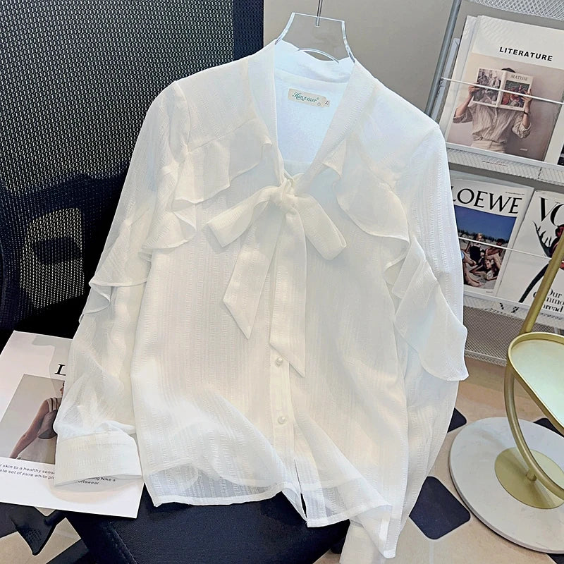 Women Shirt Blouse New Long Sleeve Bow Collar White Chiffon Shirt Blouse Women Tops Blouses Shirts Blusas Para Mujer 2025 Q614
