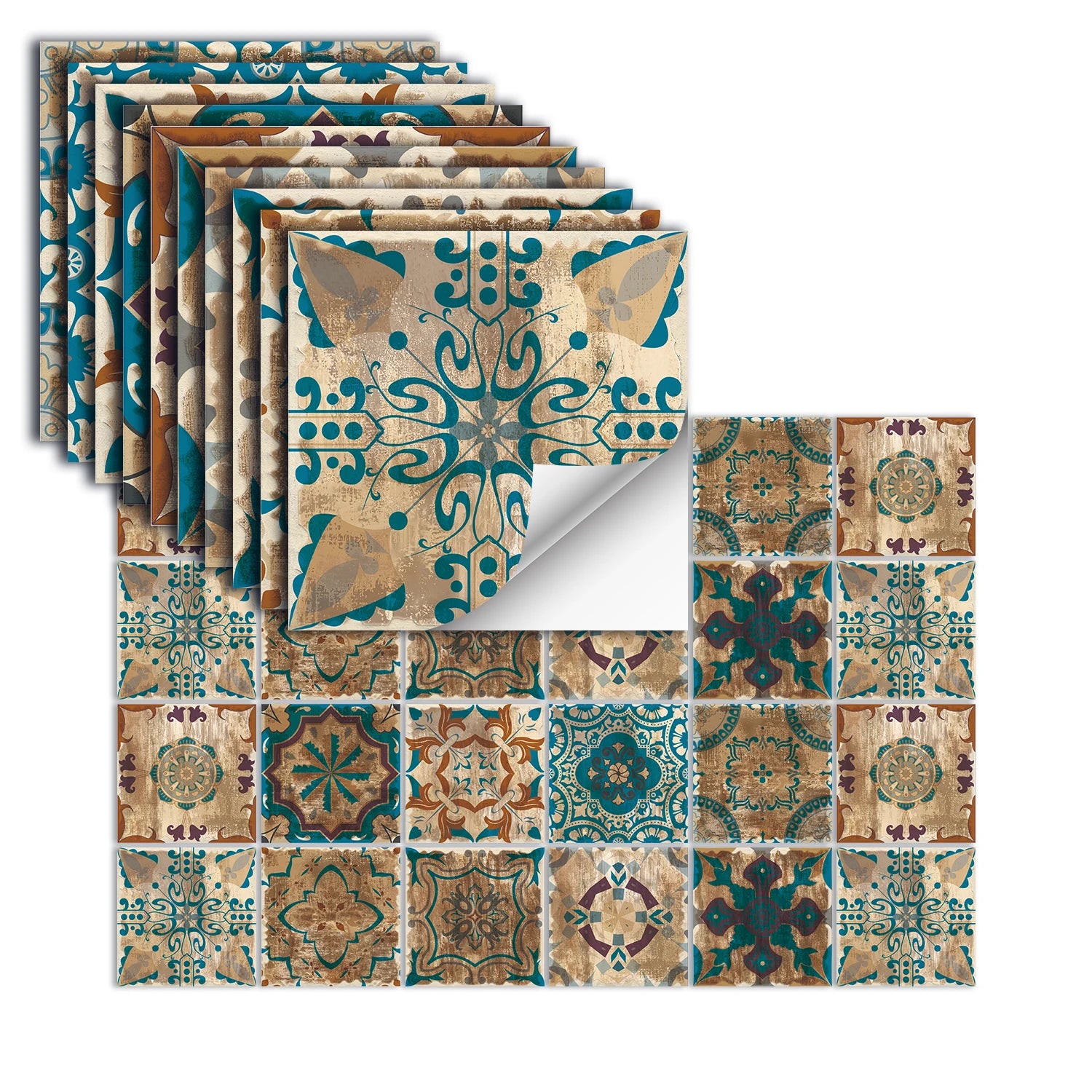 24 Pieces of Moroccan Style PVC Waterproof Self-Adhesive Wall Stickers, Peel and Stick on Living Room and Bedroom Tile Stickers