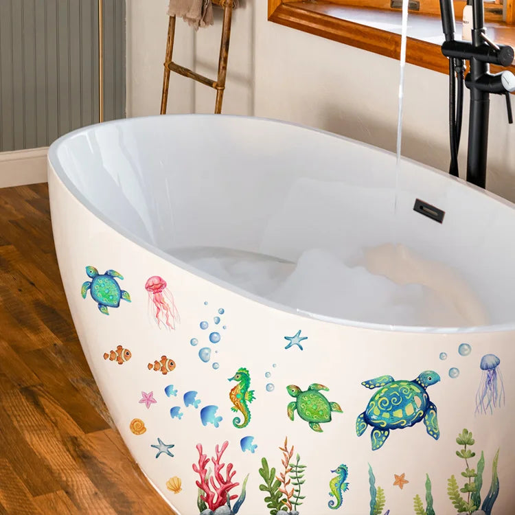 Cartoon Sea Turtle Seahorse Wall Stickers Kids Room Bathroom Decoration Mural Home Decor Self-adhesive Marine Animals Wallpaper