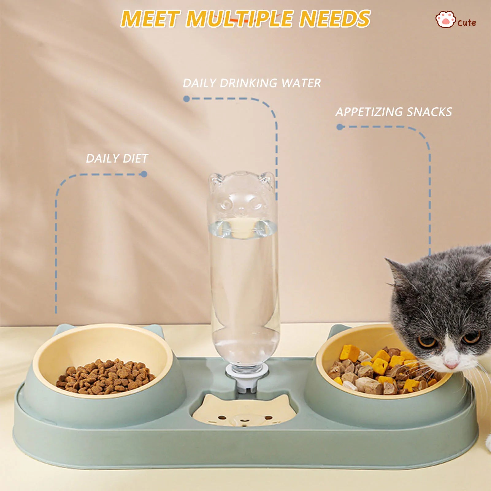Pet Cat Bowl Automatic Feeder Dog Food Bowl With Water Fountain Double Bowl Drinking Raised Stand Dish Bowls For Cats - Daisan Mart