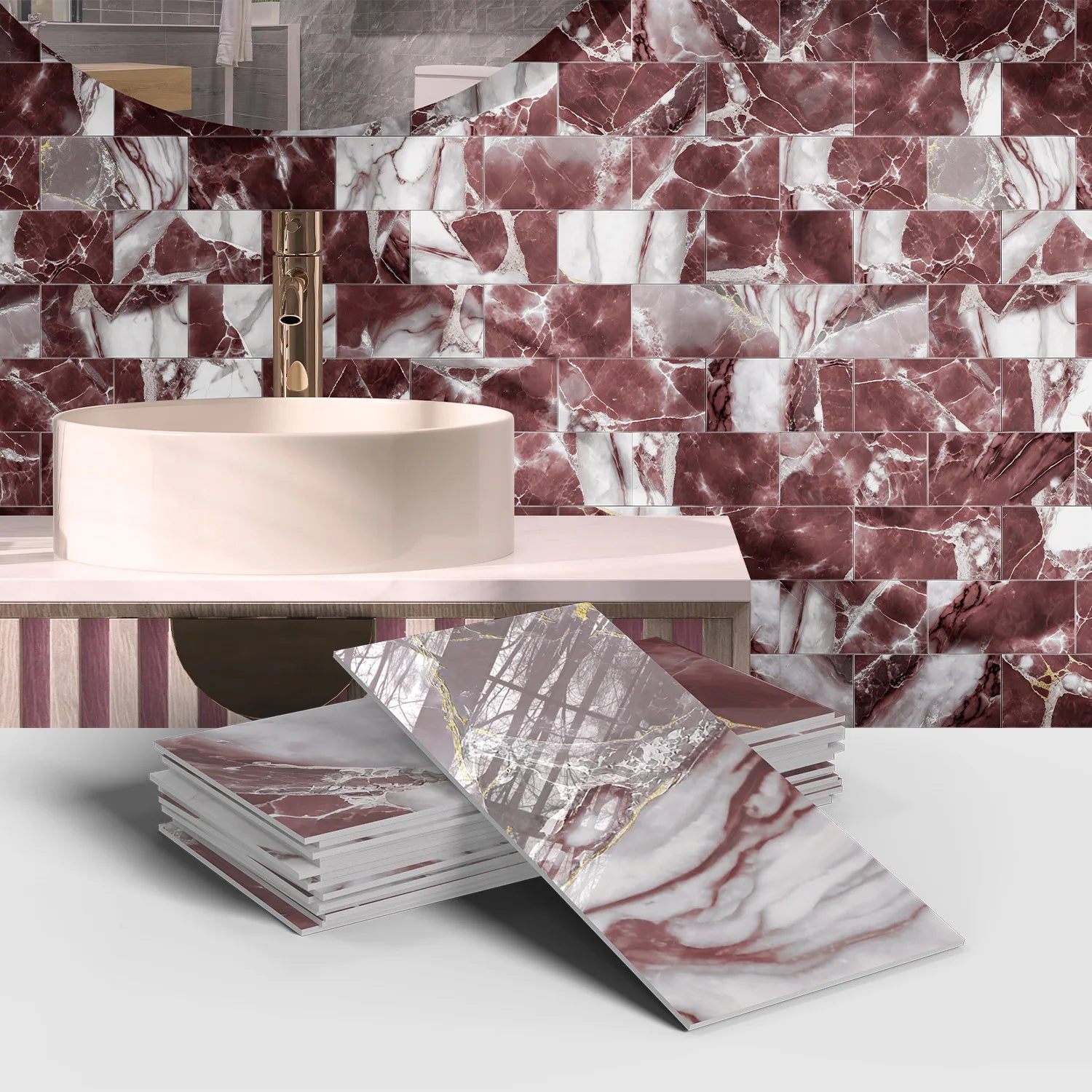 Set of 16 Waterproof Stone Pattern Foam Wall Stickers for Kitchen