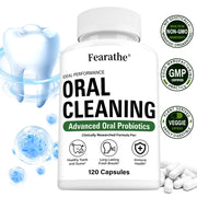 Hình chai "Oral Cleaning" trắng, nắp trắng, có viên thuốc và hình răng xanh nước biển bên trái.