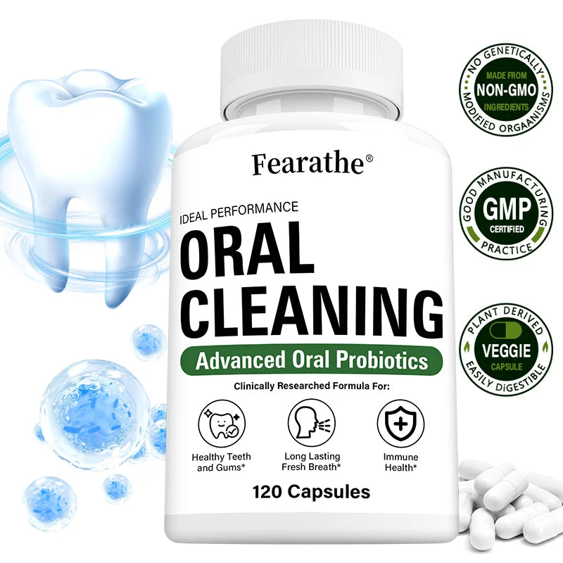Hình chai "Oral Cleaning" trắng, nắp trắng, có viên thuốc và hình răng xanh nước biển bên trái.