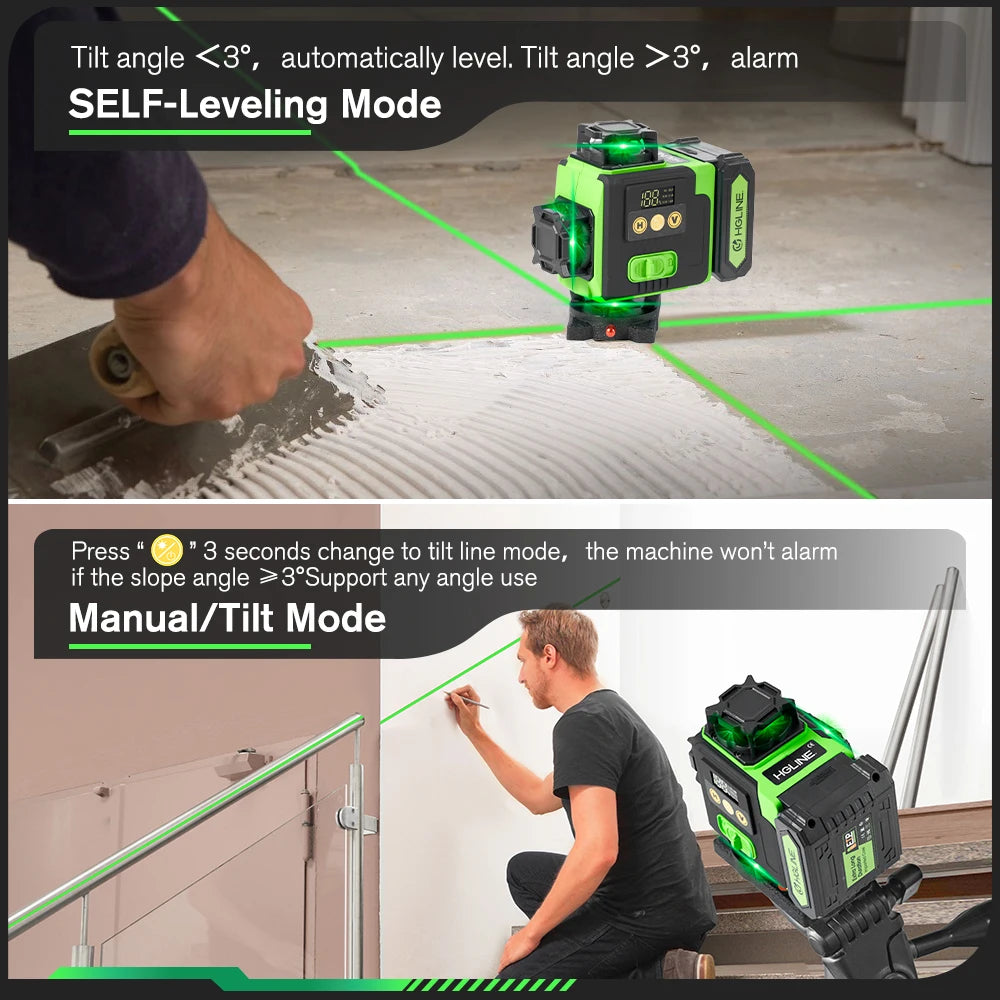 HGLINE 16 Lines 4D Laser Level APP Remote Control Rechargeable Self-leveling 360 Green Line leveling 6000mAh Big Li-ion Battery