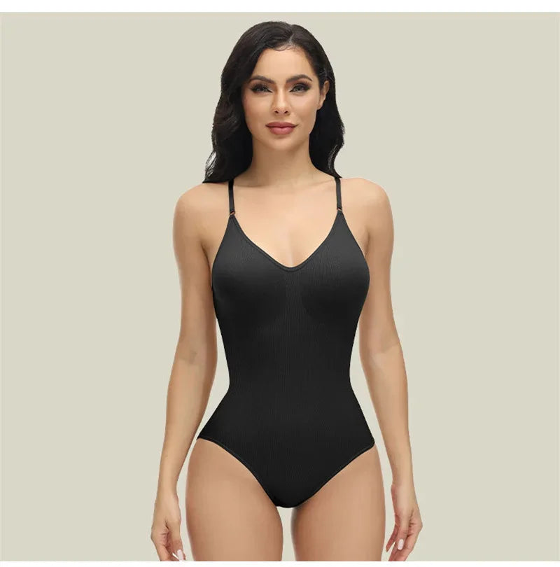 Compression Bodysuit V-neck Slim Straps Ultra-thin Open Back