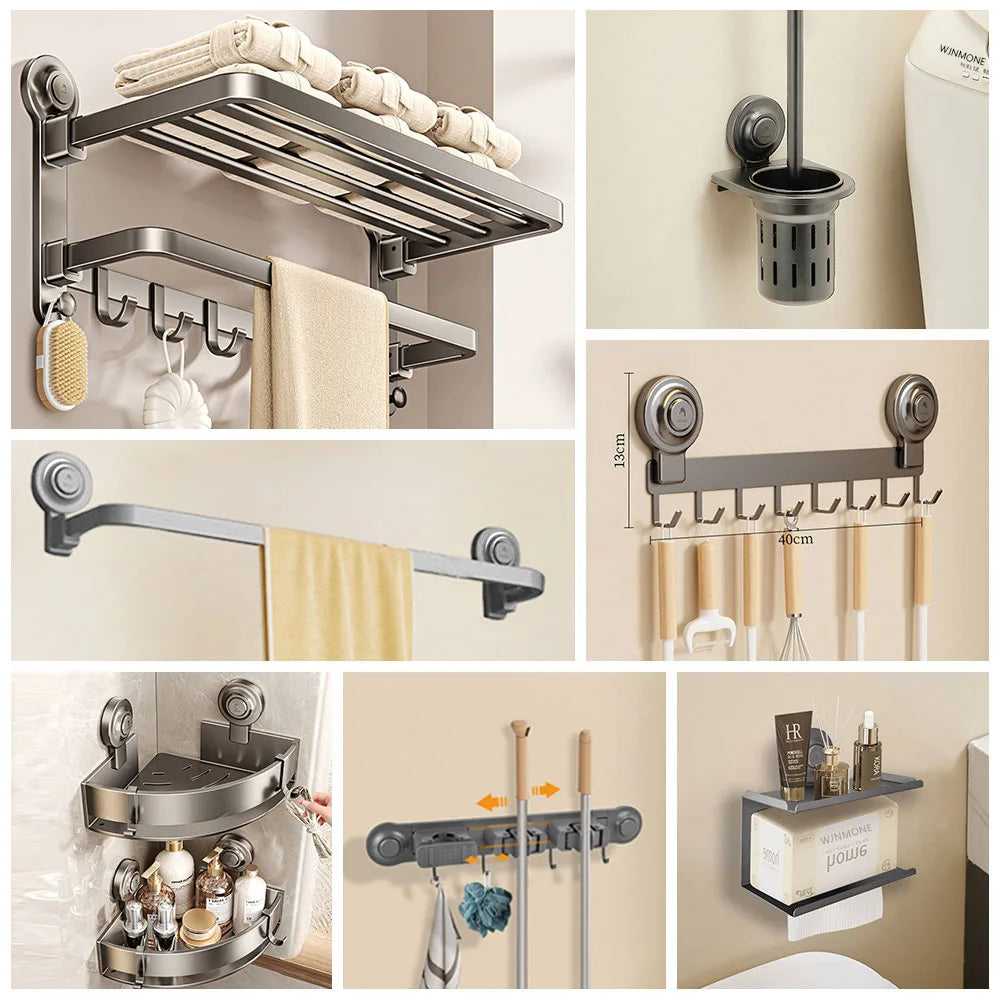 Gray Bath Hardware Set Suction Cup Bathroom Accessories Suit Wall-mounted Folding Towel Rack Towel Bar Corner Storage Organizer