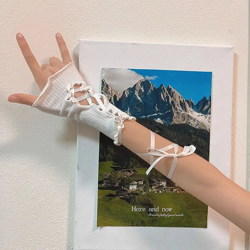 New Design Women Sexy Bandage Fingerless Gloves Gothic DIY Strapping Sunscreen Sleeve Lolita Jk Emo Y2k Elastic Mesh Punk Gloves - Daisan Mart