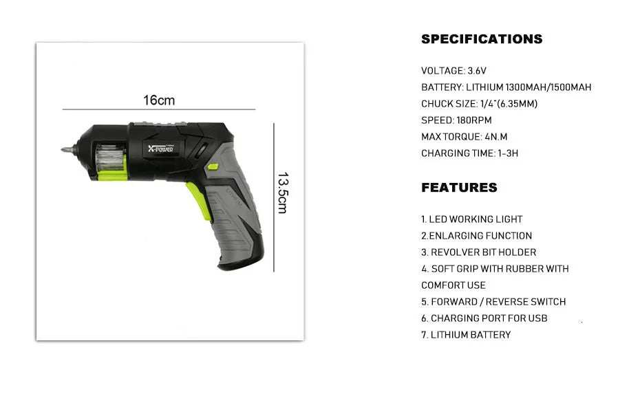 Pistol design Mini Cordless Electric Screwdriver  rechargeable Lithium Battery with LED Lighting and Head for Home DIY for 7 PCS