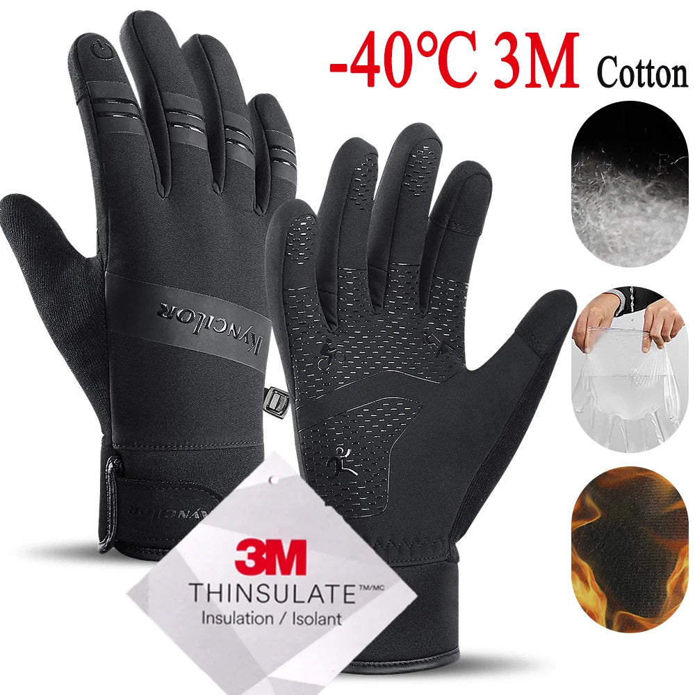 Găng tay đen, cách nhiệt 3M, chịu nhiệt -40°C, có họa tiết chống trượt và lớp lót ấm.