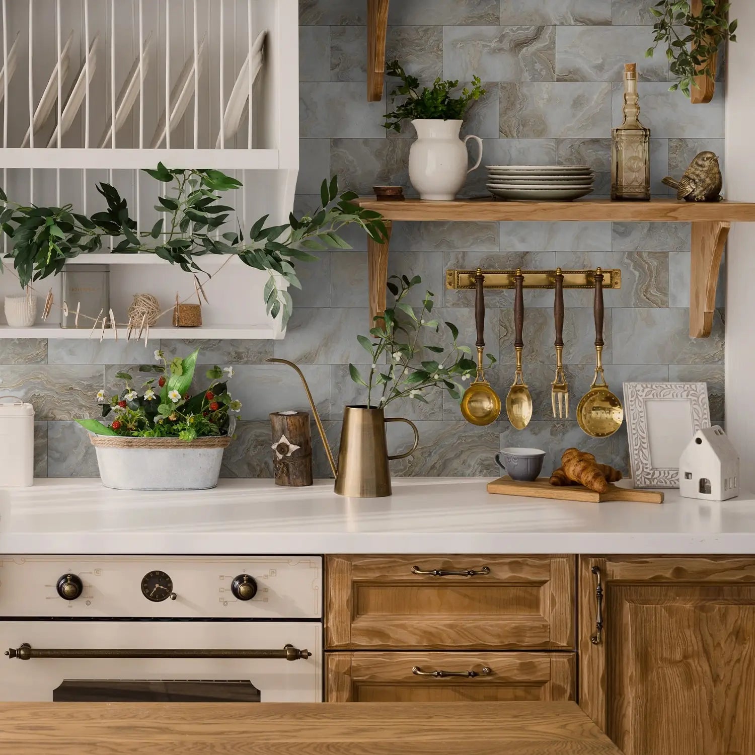 Set of 16 Waterproof Stone Pattern Foam Wall Stickers for Kitchen