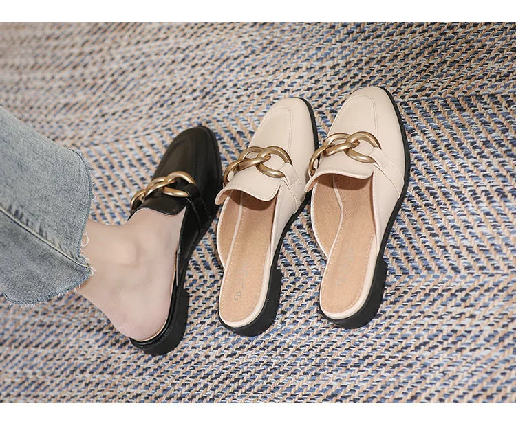 Women's Fashion Mules - Square Toe Black and White Chain