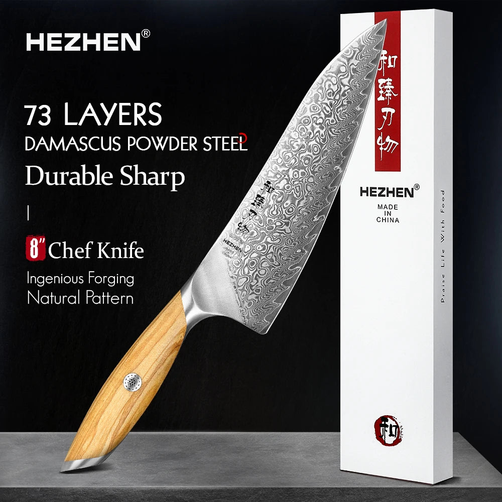 HEZHEN 1PC Or 2PC Knife Set 73 Layer Damascus Steel Powder Steel Core Sharp Kitchen Knives Olive Wood Handle Gift Box
