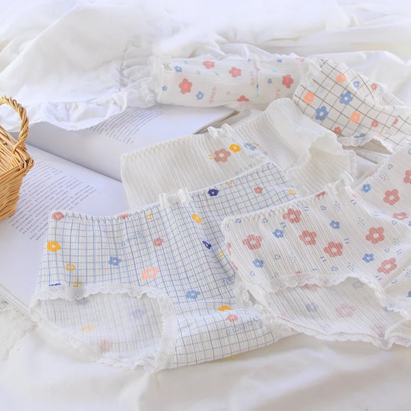 Women's Cotton Panties - White Lace, Seamless, 5 Pieces