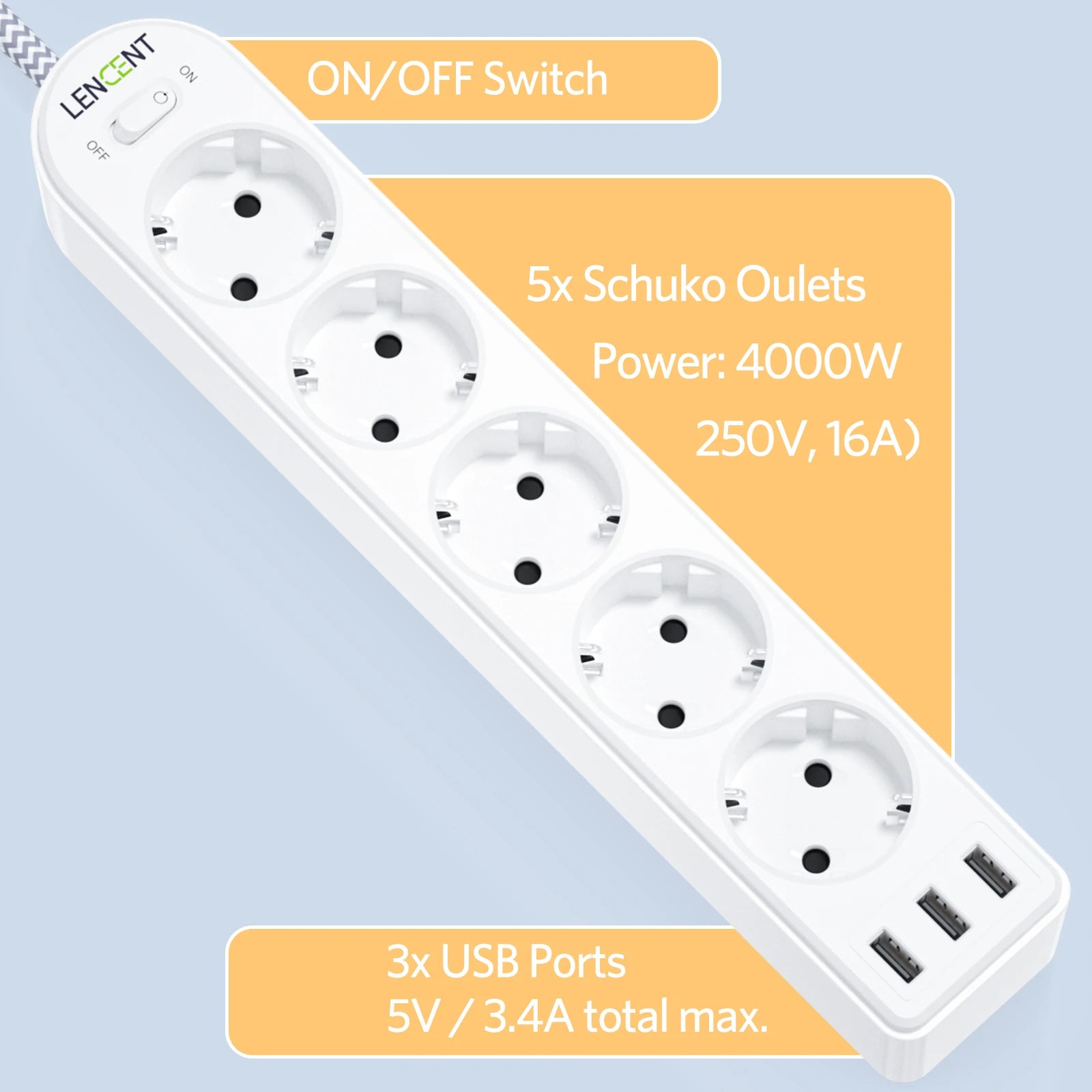 LENCENT - Ổ Cắm Đa Năng 8 Trong 1, 5 Ổ Cắm, 3 USB