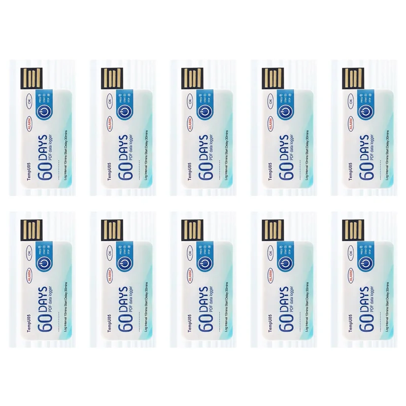 Mười USB màu trắng-xanh với chữ "60 DAYS," xếp thành hai hàng trên nền trắng.