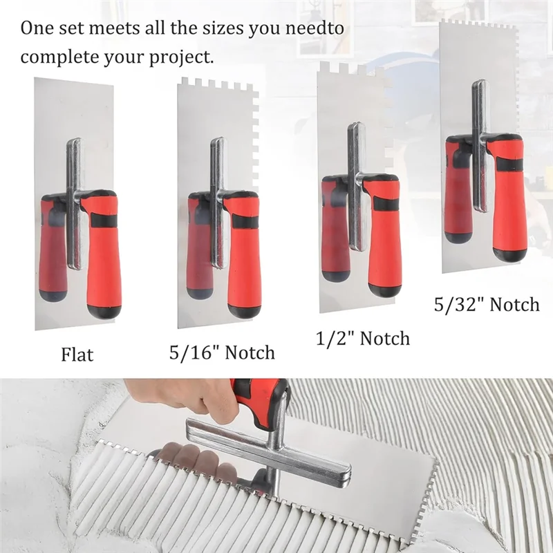 ABJI-For Wall Floor Tile Installation Kits 4-Piece Stainless Steel Trowel Set Square Notched Masonry Hand Tool