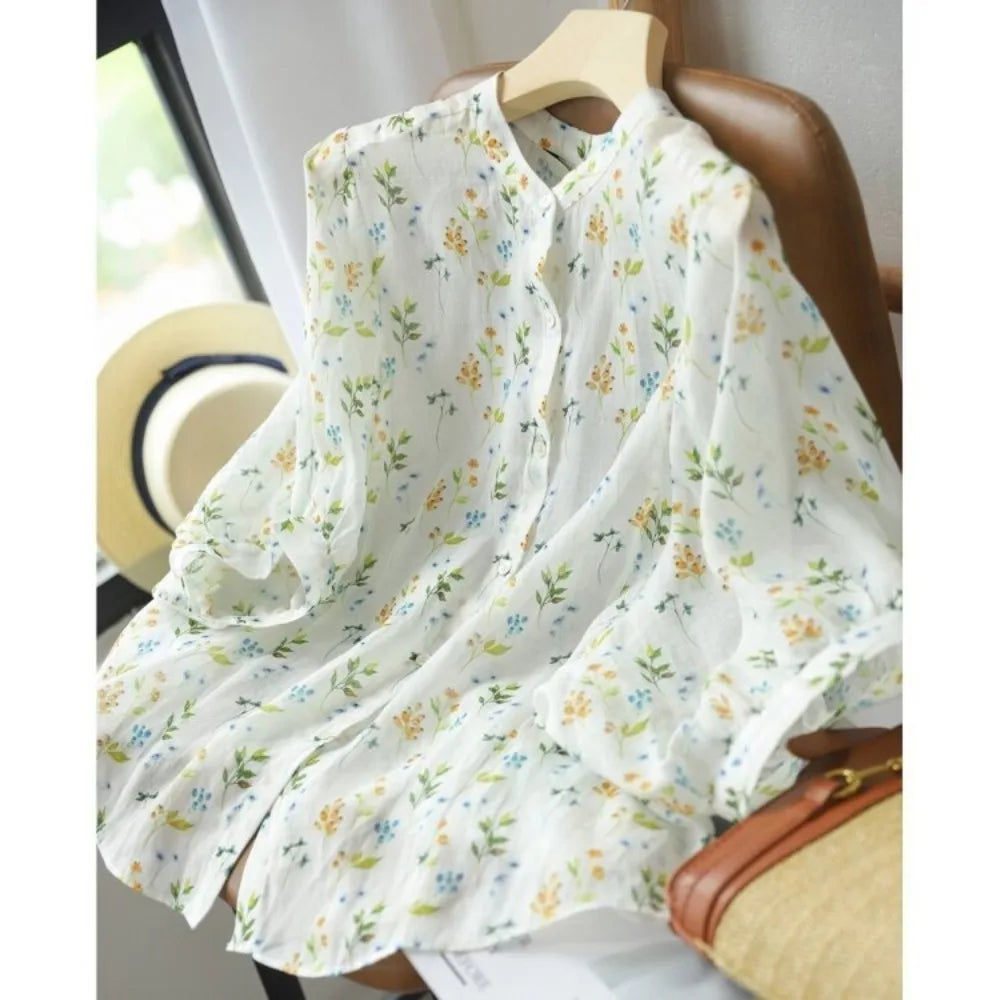 Women Shirt 2024 Spring New Arrival Printed Floral Shirt Stand Collar Neck Long Sleeve Elegant Blouse Top