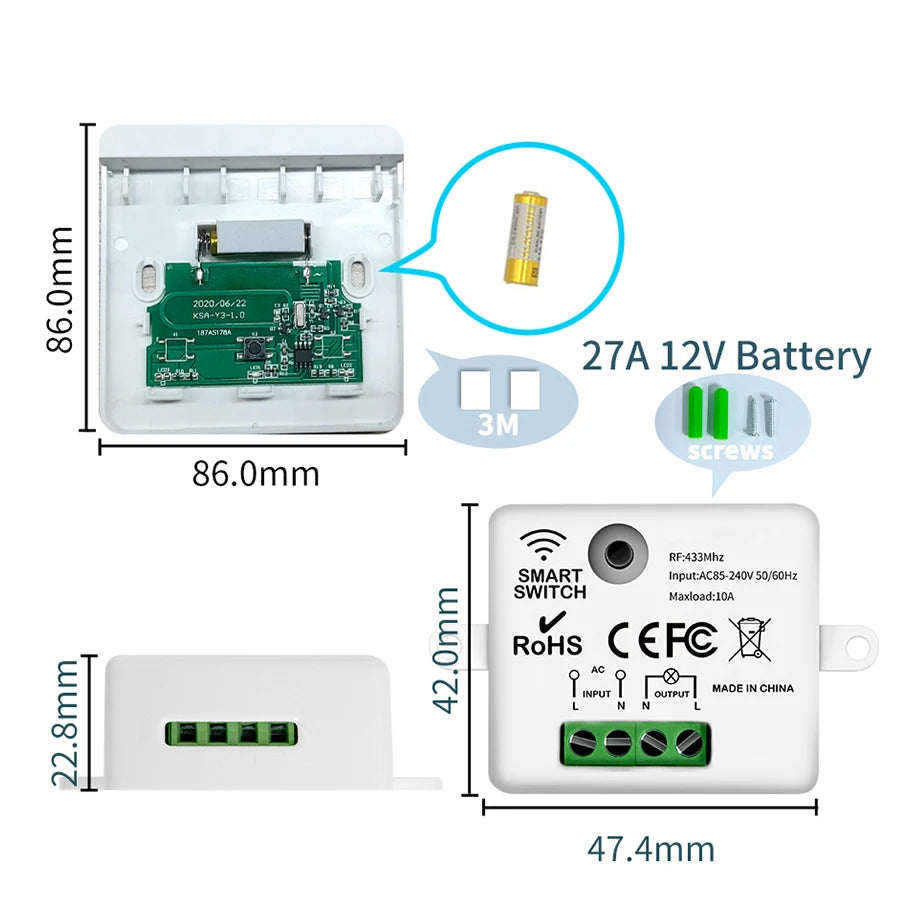 433MHz RF Wireless Smart Switch 1/2/3 Gang