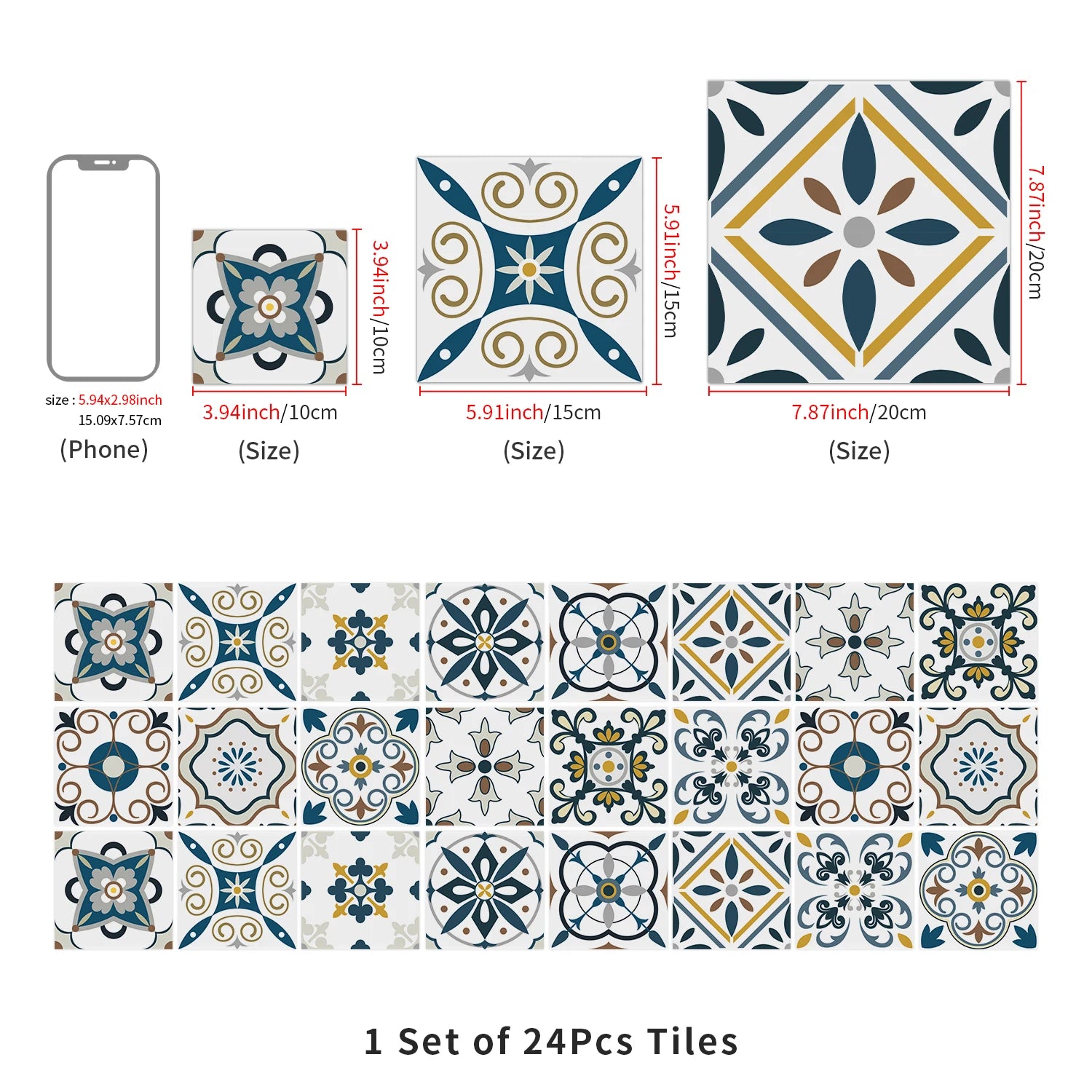 24pcs Of Exquisite Colorful Tile Stickers European Style Wall Stickers Pvc Waterproof Bathroom Kitchen Self-Adhesive Wallpaper
