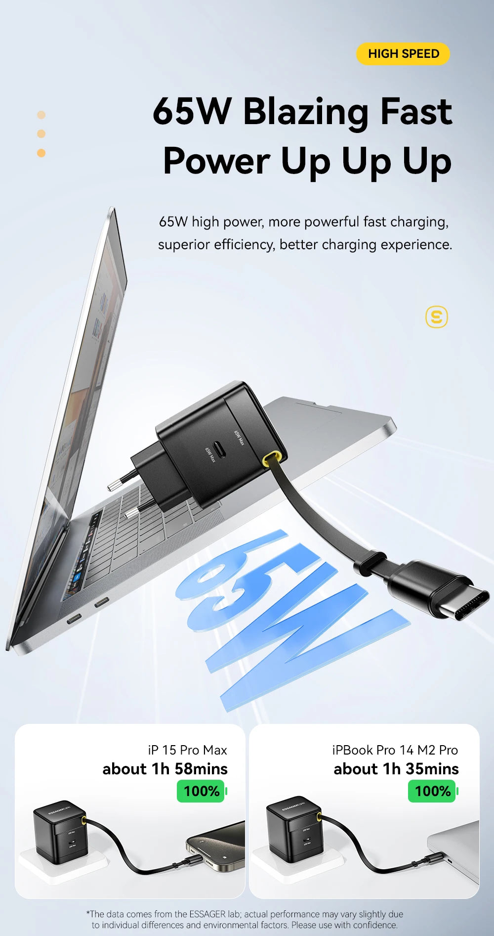 Essager 65W GaN Charger with Retractable Cable PD Fast Charging for Laptop Macbook iPhone 16 15 14 Xiaomi Type-C Phone Charger