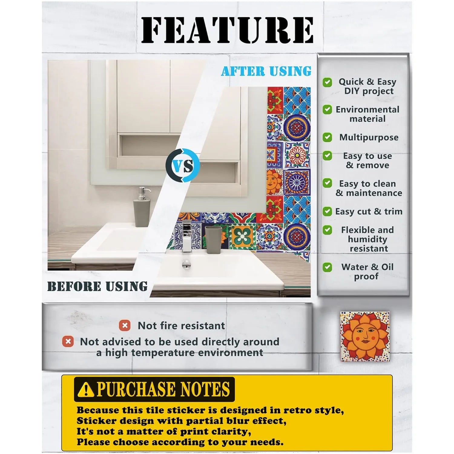 Tile Stickers Wall Decor Bathroom Kitchen Wall Deal Waterproof PVC Decoration 2D Sticker with Retro Design in in Mosaic Style