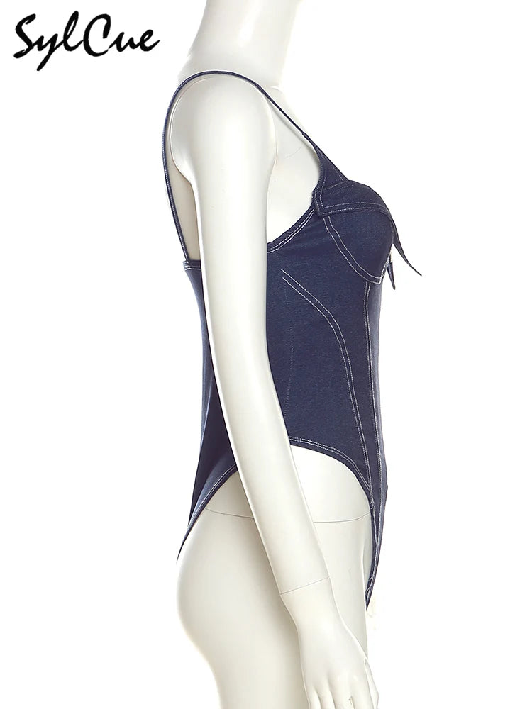 Sylcue 2023 Summer New Classic Retro Cool All-Match High Street Sexy Mature Charm Hot Women'S Zipper Jumpsuit Bodysuit