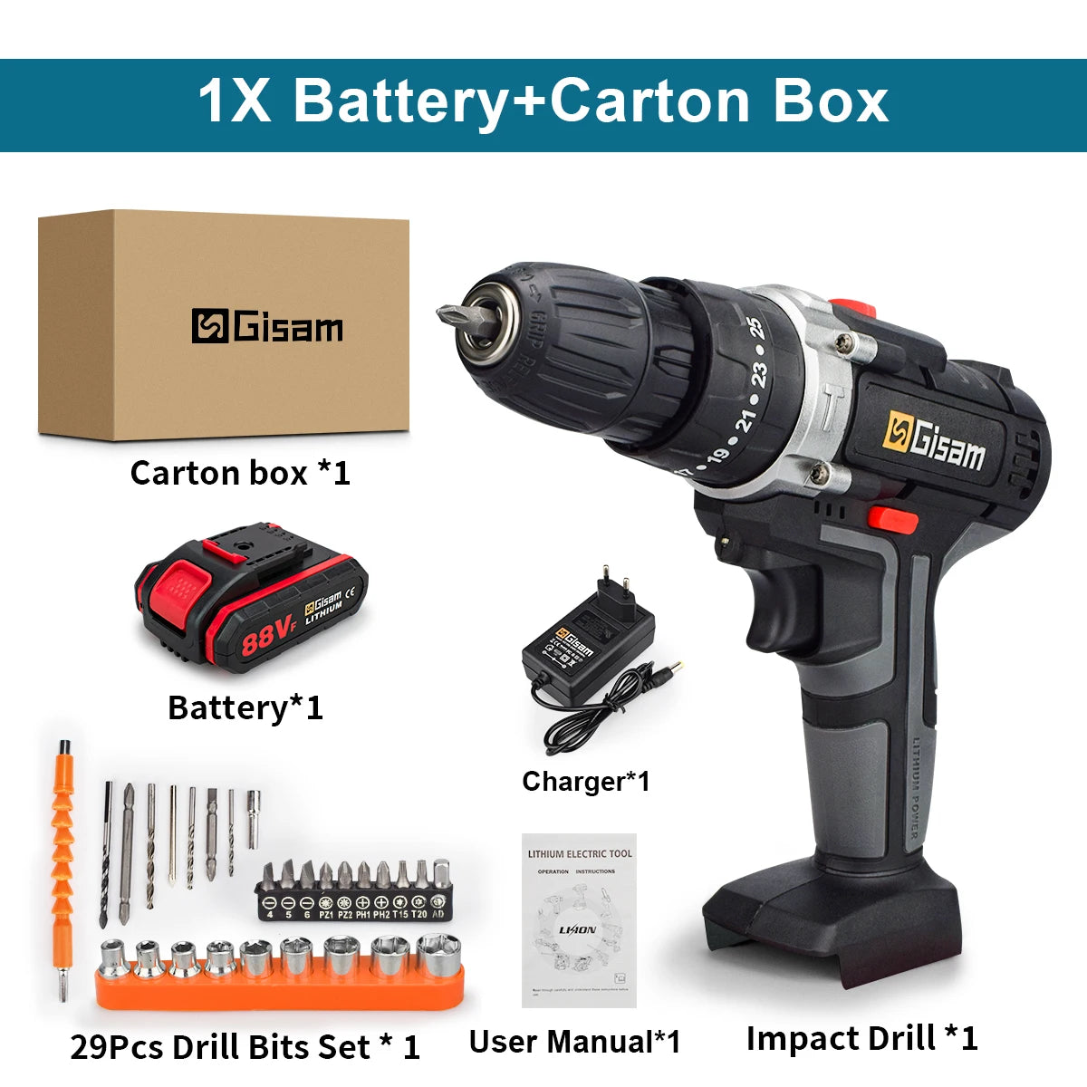 21V Cordless Drill Electric Impact Drill Rechargeable Electric Screwdriver Lithium-Ion Battery 2 Speed ​​DIY Driver Power Tools