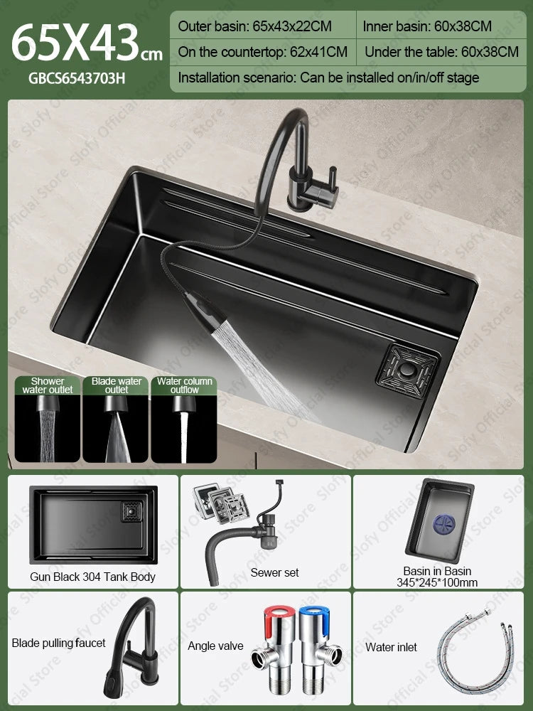 304 Stainless Steel Kitchen Sink Black Single Bowl Thickened Material Wear-Resistant Vegetable Workstation Drainage Accessories - Daisan Mart