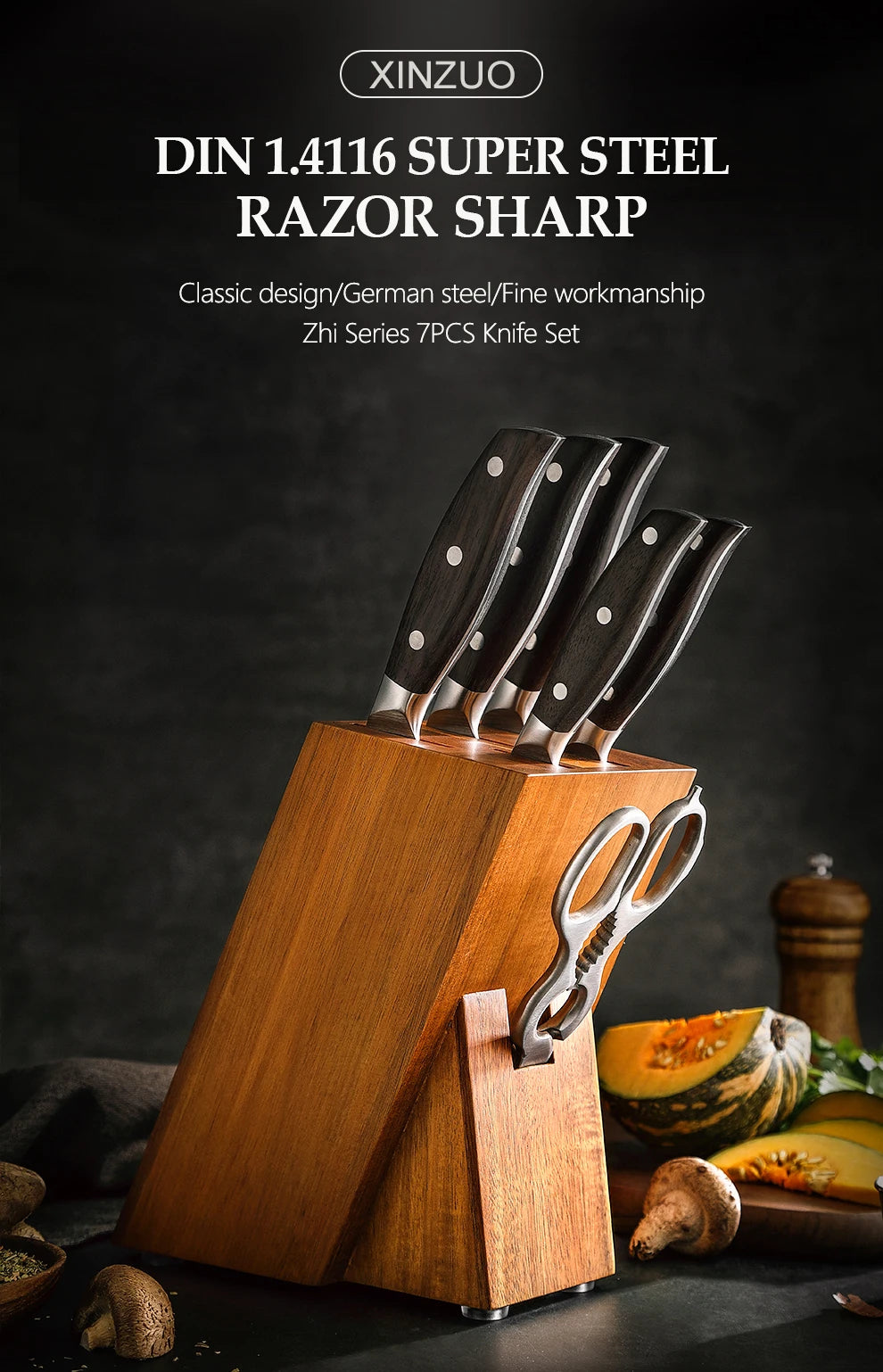 XINZUO 7-Piece Kitchen Knife Set Made of High-Quality German Steel