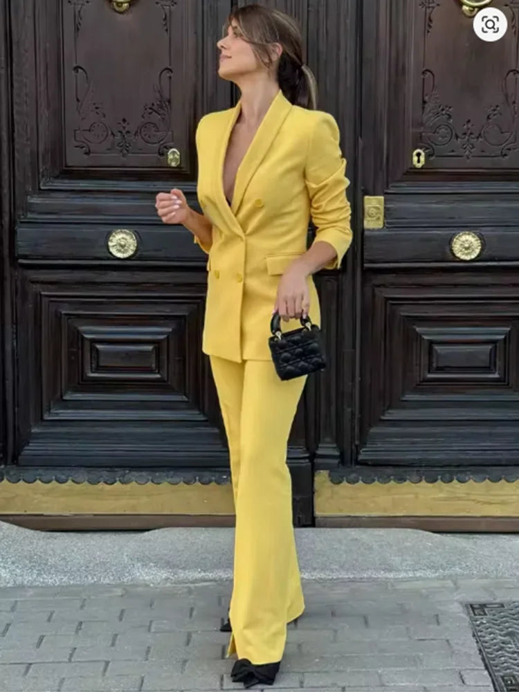 Office Lady Suits Two Piece Pant Set Turn-Down Collar Long Sleeve Double-Breasted Blazers+Mid Waist Zipper Flared Pants - Daisan Mart