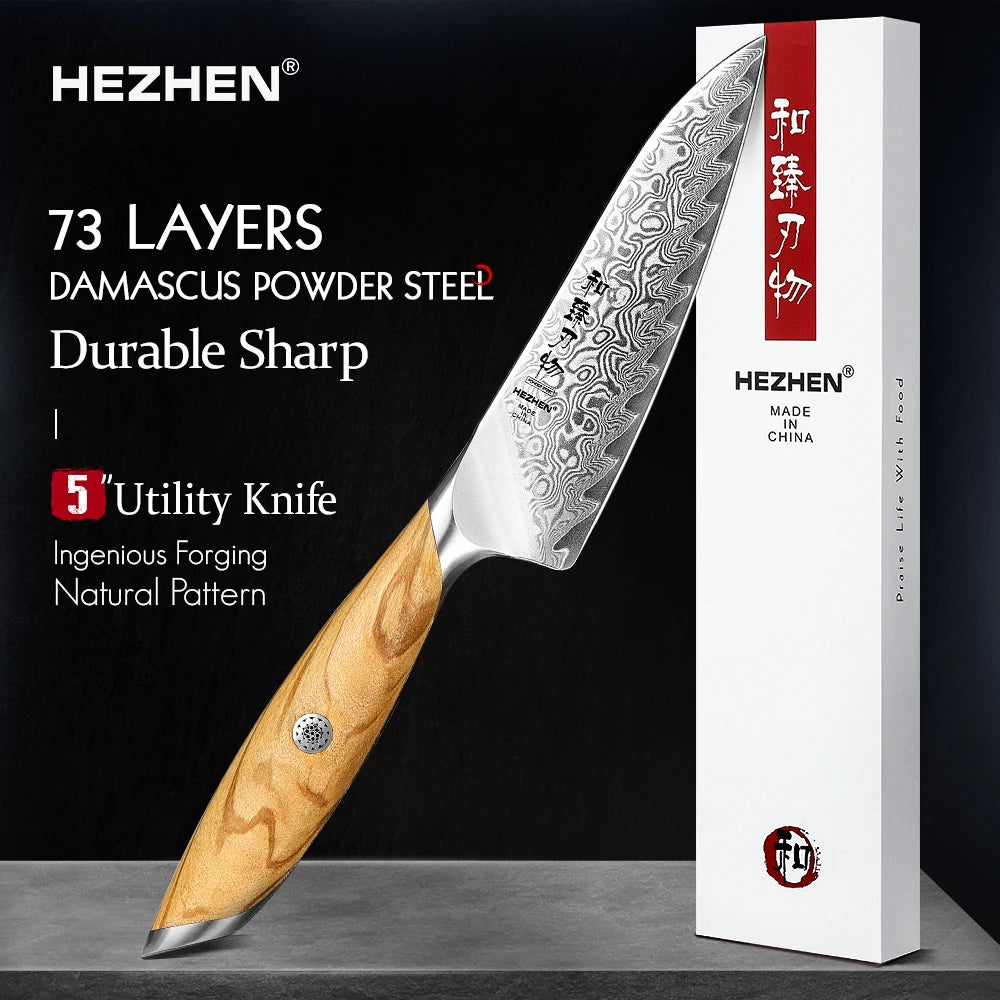 HEZHEN 1PC Or 2PC Knife Set 73 Layer Damascus Steel Powder Steel Core Sharp Kitchen Knives Olive Wood Handle Gift Box