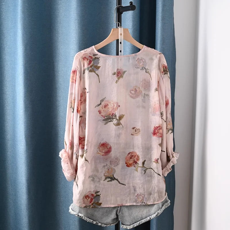 Women's Vintage V Neck French Rose Shirt 2025