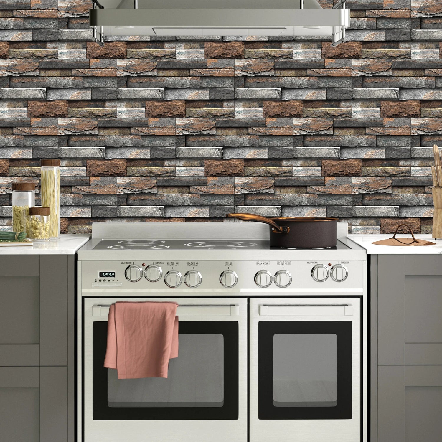 6Pcs 3D Self-Adhesive Wall Sticker 30x15cm Oil Proof Waterproof Brick Stone Imitation Brick Tile Stone Particle Wallpaper Decals