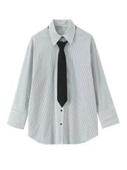 Women Shirt 2025 Women Autumn New Fashion Long Sleeves Button Striped Print Shirt With Tie Women Elegant Leisure Shirt