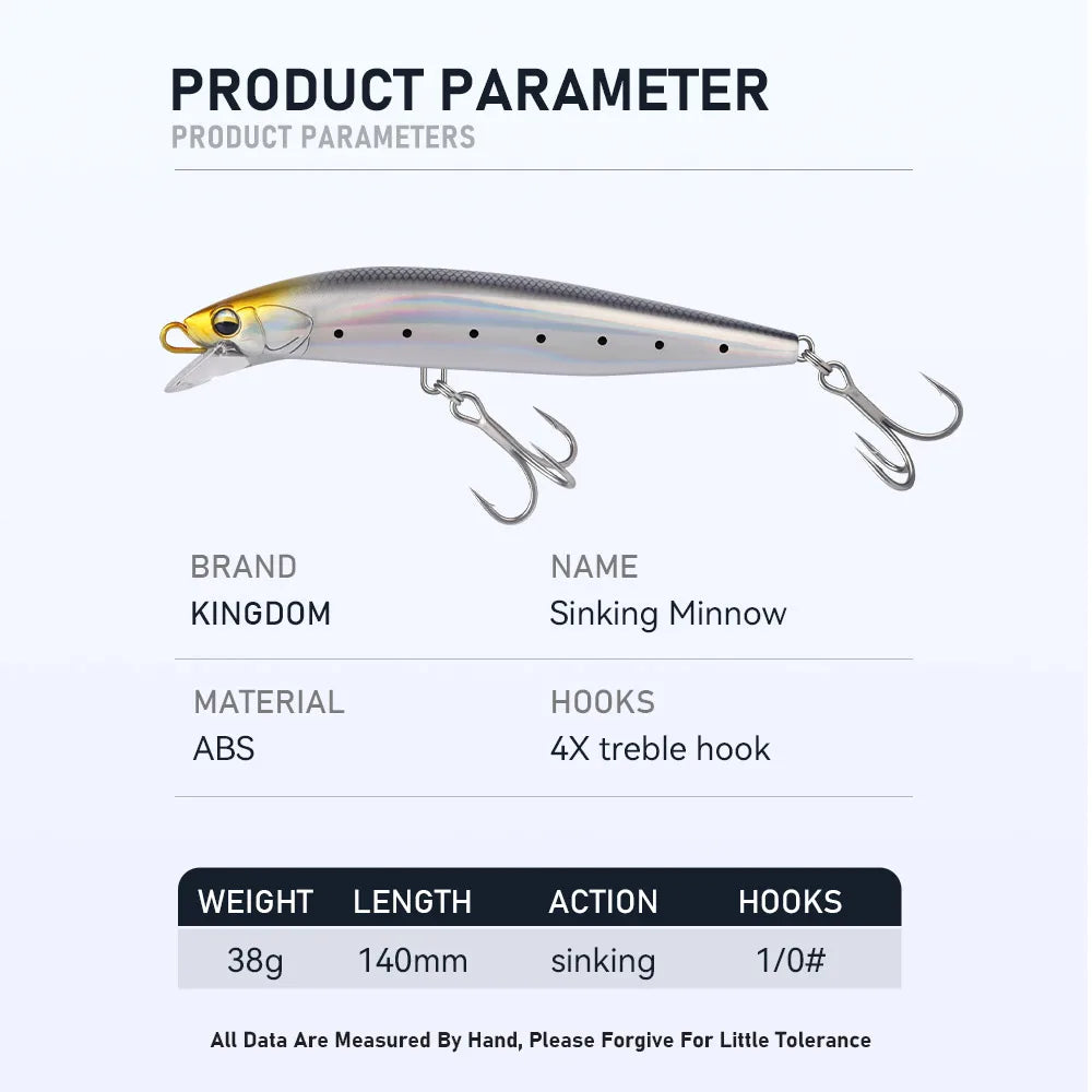 Kingdom Heavy Minnow Lure 140mm 38g Sinking Rolling Wobblers Artifical Hard Bait For Saltwater Seabass Pike Fishing Tackle