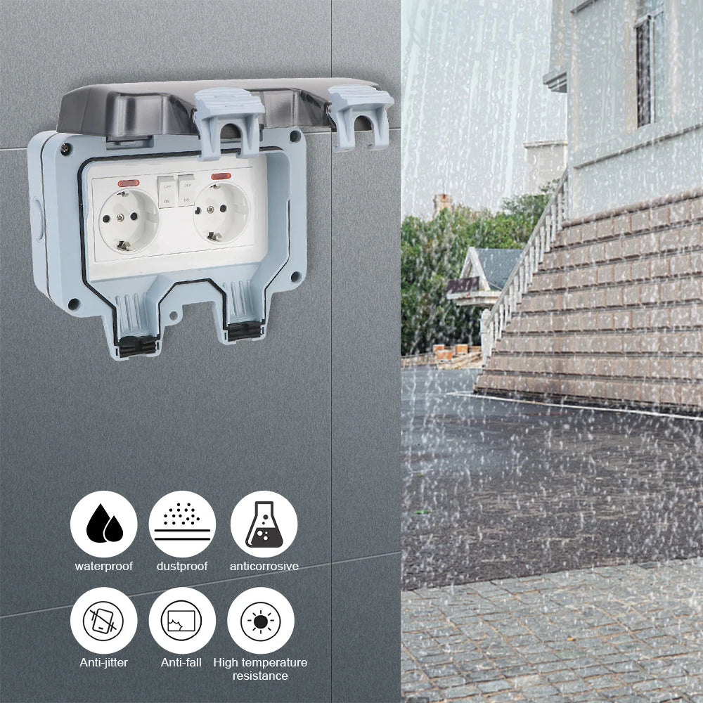 IP66 Outdoor Double Socket With USB, 16A Switch