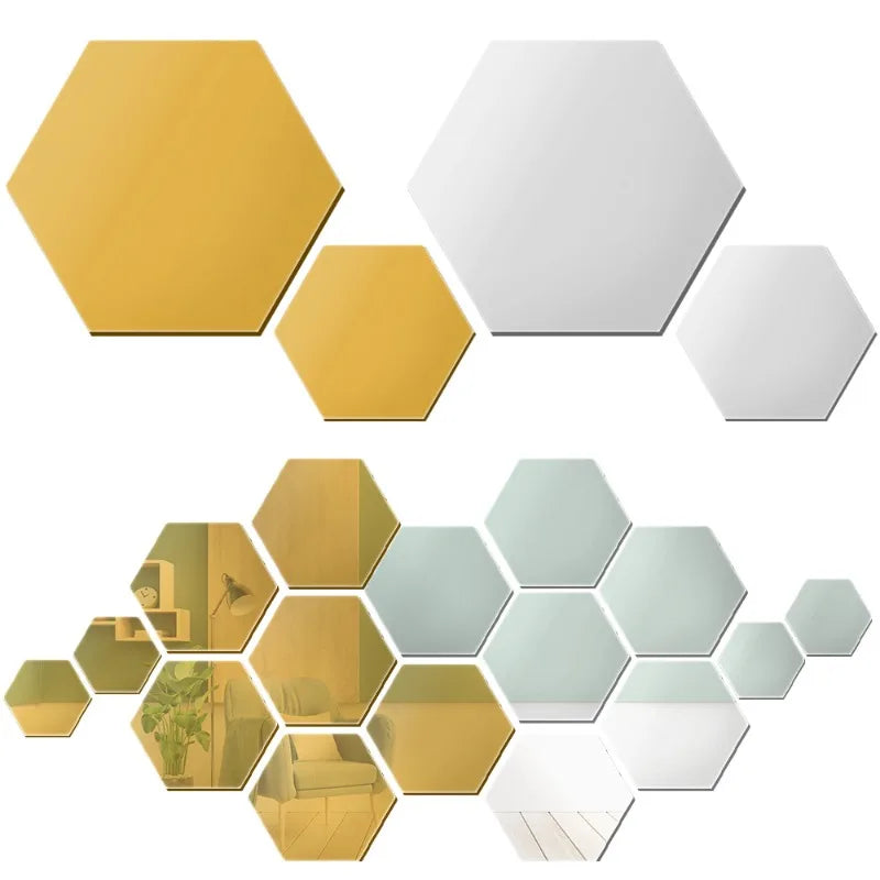 120/6pcs 3D Mirror Wall Sticker Hexagon Acrylic Self Adhesive Mirror Stickers Art Wall Decal Mosaic Tiles DIY Home Bedroom Decor