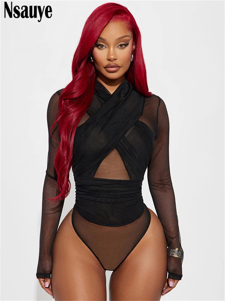 Nsauye Sexy Tights Long Sleeve High Waist Hollow Out Night Club Fashion Women Bodysuit Tops Y2K One Pieces Skinny Rompers 2025